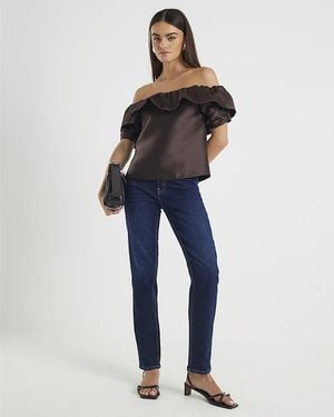 River Island Bardot Top Premium Frill Detail - Blue