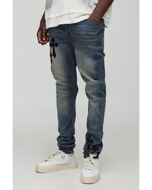 BoohooMAN Tall Stacked Skinny Cross Embroidered Jeans - Blue