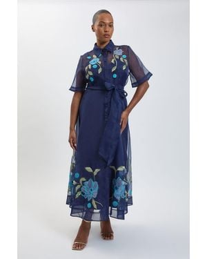 Karen Millen Plus Size Embellished Detail Organdie Belted Shirt Dress - Blue