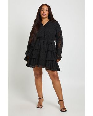 Boohoo Plus Burnout Chiffon Ruffle Skater Dress - Black