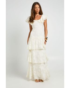 Boohoo Occasion Burnout Open Back Ruffle Detail Maxi Dress - Natural