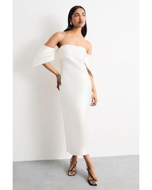 Warehouse Structured Puff Sleeve Bardot Midi Dress - Natural