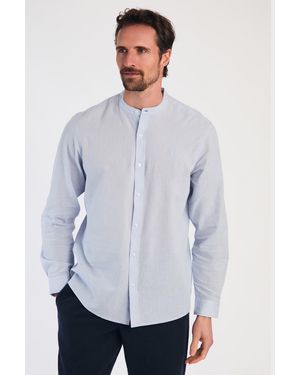 Nines Linen Blend Long Sleeve Button-Up Shirt With Grandad Collar - White