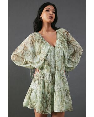 Warehouse Sequin Snake Embellished Volume Sleeve Mini Smock Dress - Green