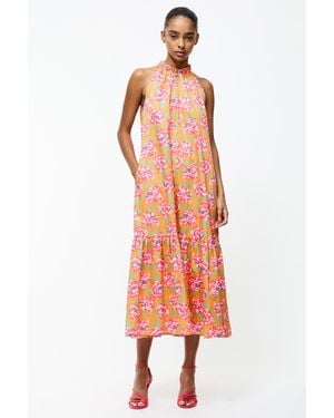 French Connection Floral Print Keyhole Halterneck Frill Midi Dress - Red