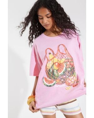 Boohoo Fruit Market Bag Printed Overdye T-Shirt - Pink