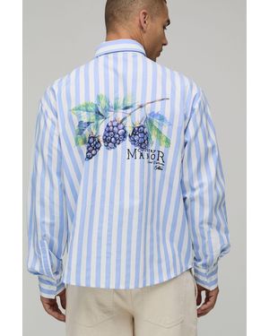 BoohooMAN Oversized Long Sleeve Fruit Print Stripe Shirt - Blue