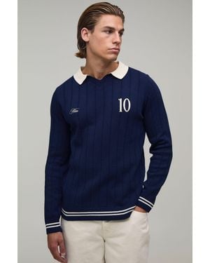 BoohooMAN Regular Fit V Neck Ribbed Knitted Polo - Blue