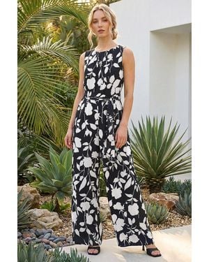 Roman Floral Chiffon Belted Jumpsuit - White