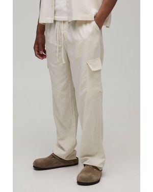 BoohooMAN Straight Fit Linen Look Cargo Trouser - Natural