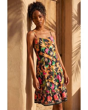 Roman Floral Border Strappy Dress - Brown