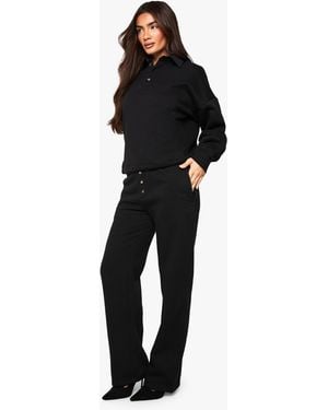 Boohoo Button Detail Collared Sweatshirt & Straight Leg Jogger Tracksuit - Black