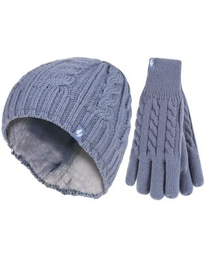 Heat Holders Ladies Fleece Lined Thermal Hat & Gloves Set For Winter - Blue