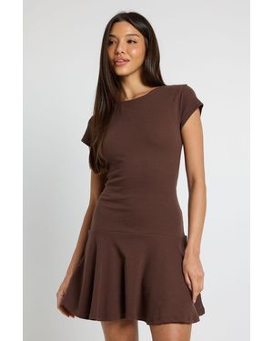 Boohoo Rib Dropped Hem Cap Sleeve Skater Dress - Brown