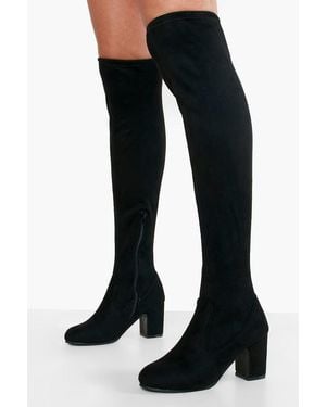Boohoo Wide Fit Faux Suede Block Heel Stretch Over The Knee Boots - Black