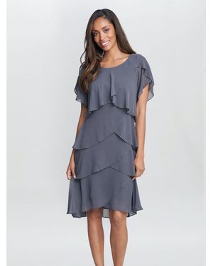 Gina Bacconi Trysta Bugle Beaded Trim Tiered Cocktail Dress With Flitter Sleeves - Blue