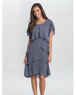 Gina Bacconi Trysta Bugle Beaded Trim Tiered Cocktail Dress With Flitter Sleeves - Blue