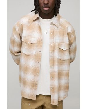 BoohooMAN Oversized Flannel Western Flanneled Long Sleeve Shirt - Natural