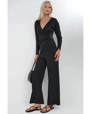 Hiccup Accessory Detail Blouse & Trousers Two-Piece Set - Black