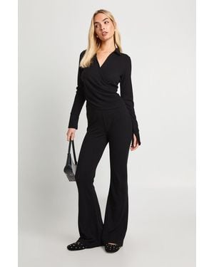Boohoo Rib Wrap Top And Flare Trouser Co-Ord - Black