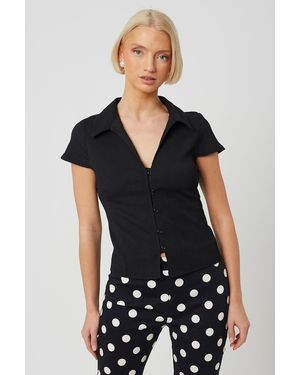 Brave Soul Textured Jersey Short Sleeve Button Down Top - Black