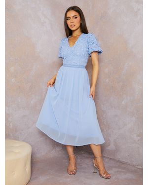 Chi Chi London Puff Sleeve Premium Lace Midi Dress - Blue
