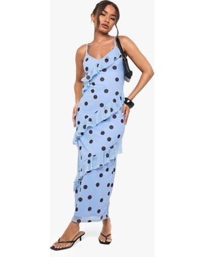 Boohoo Polka Dot Frill Maxi Dress - Blue