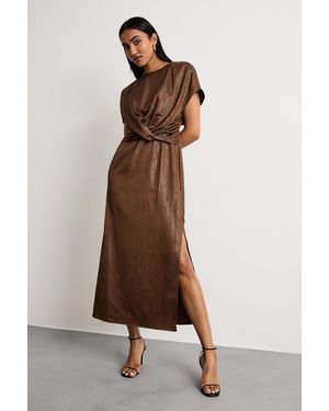 Warehouse Leather Look Satin Twist Front Detail Midi Dress - Brown