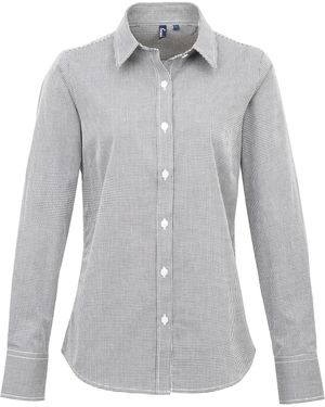 PREMIER Ladies Microcheck Long Sleeve Shirt Cotton - Grey