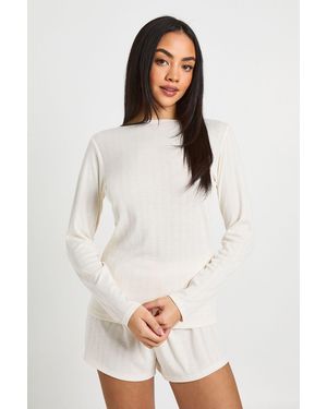 Boohoo Pointelle Long Sleeve Top And Short Pyjama Set - White