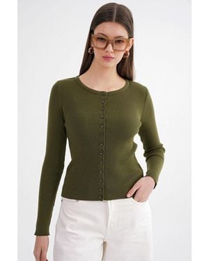 MixRay Geknoopte Slim Fit Ribbelgebreide Cardigan - Groen