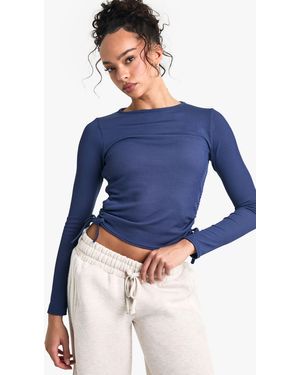 Boohoo Ribbed Ruched Tie Side Long Sleeve Top - Blue