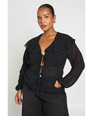 Boohoo Plus Tie Front Long Sleeve Blouse - Black