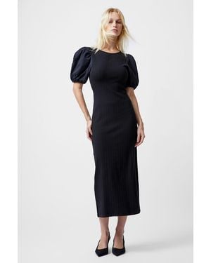 French Connection Cotton Blend Puff Sleeve Ribbed Bodycon Midi Dress - Blue