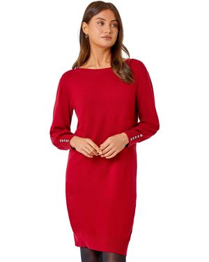 Roman Button Detail Slash Neck Knitted Stretch Dress - Red