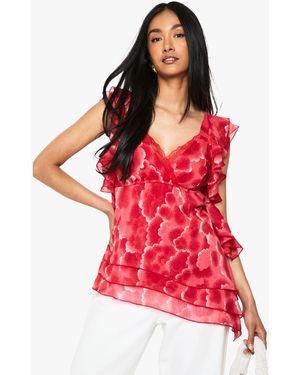 Boohoo Floral Chiffon Asymmetric Ruffle Blouse - Red