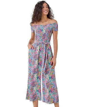 D.u.s.k Floral Shirred Stretch Bardot Jumpsuit - Blue