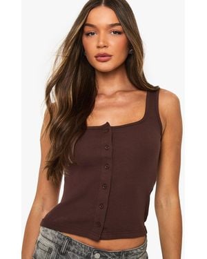 Boohoo Rib Button Through Square Neck Top - Purple