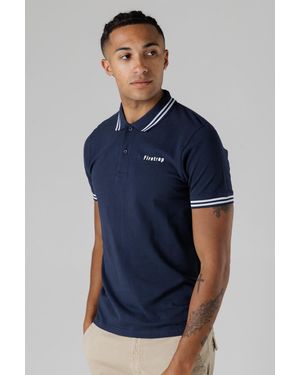 Firetrap Regular Fit Cotton Button Polo Shirt With Stripe Detail - Blue