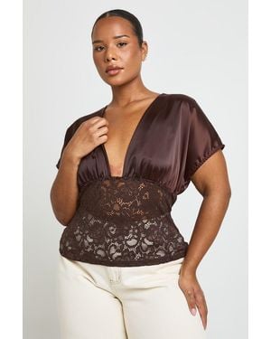 Boohoo Plus Satin Bust Lace Waist V Neck Top - Brown
