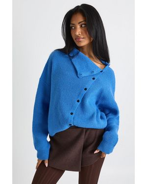 Boohoo Super Soft Asymmetric Button High Neck Jumper - Blue