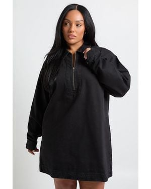 Boohoo Plus Denim Zip Up Shift Dress - Black
