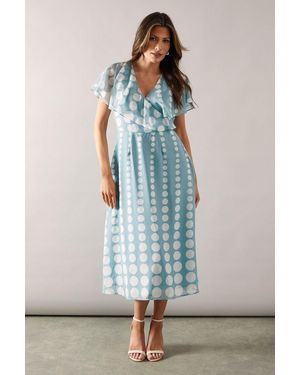 Wallis Spot Border Cape Sleeve Midi Dress - Blue