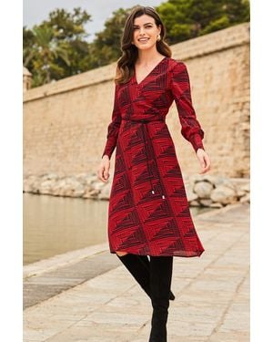 Sosandar Geometric Print Faux Wrap Front Belted Dress - Red