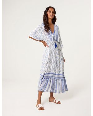 Blue Vanilla V Neck Printed Tassel Dress - White