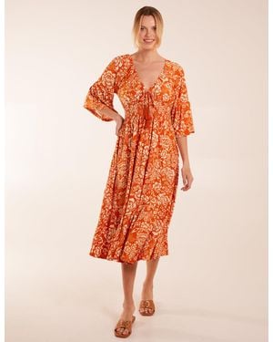 Blue Vanilla Elasticated V Neck Midi Dress With Tie Up - Orange