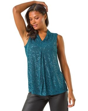 Roman Sequin Front Pleat Vest - Blue