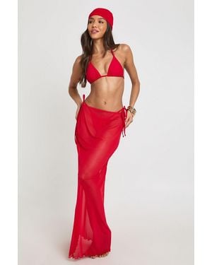 Boohoo Triangle Bikini Set With Maxi Skirt And Headscarf - Red