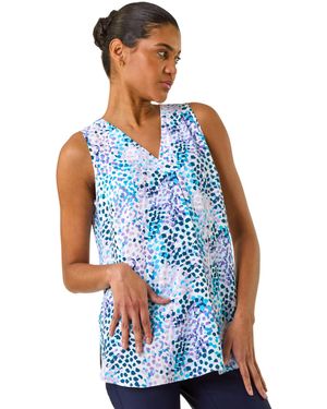 Roman Abstract Print V-Neck Pleat Top - Blue