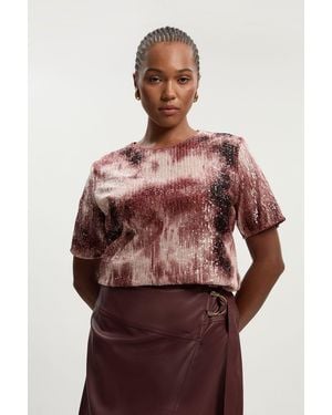 Karen Millen Plus Size Ombre Sequin Woven Strong Shoulder Top - Brown